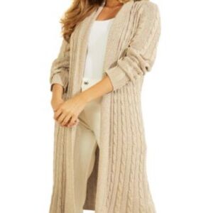 Fashion Nova Long Beige Cable Knit Open-Front Cardigan